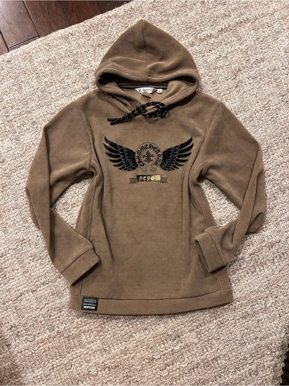 Corduroy Hooded Pullover with Wing Crest - Brown